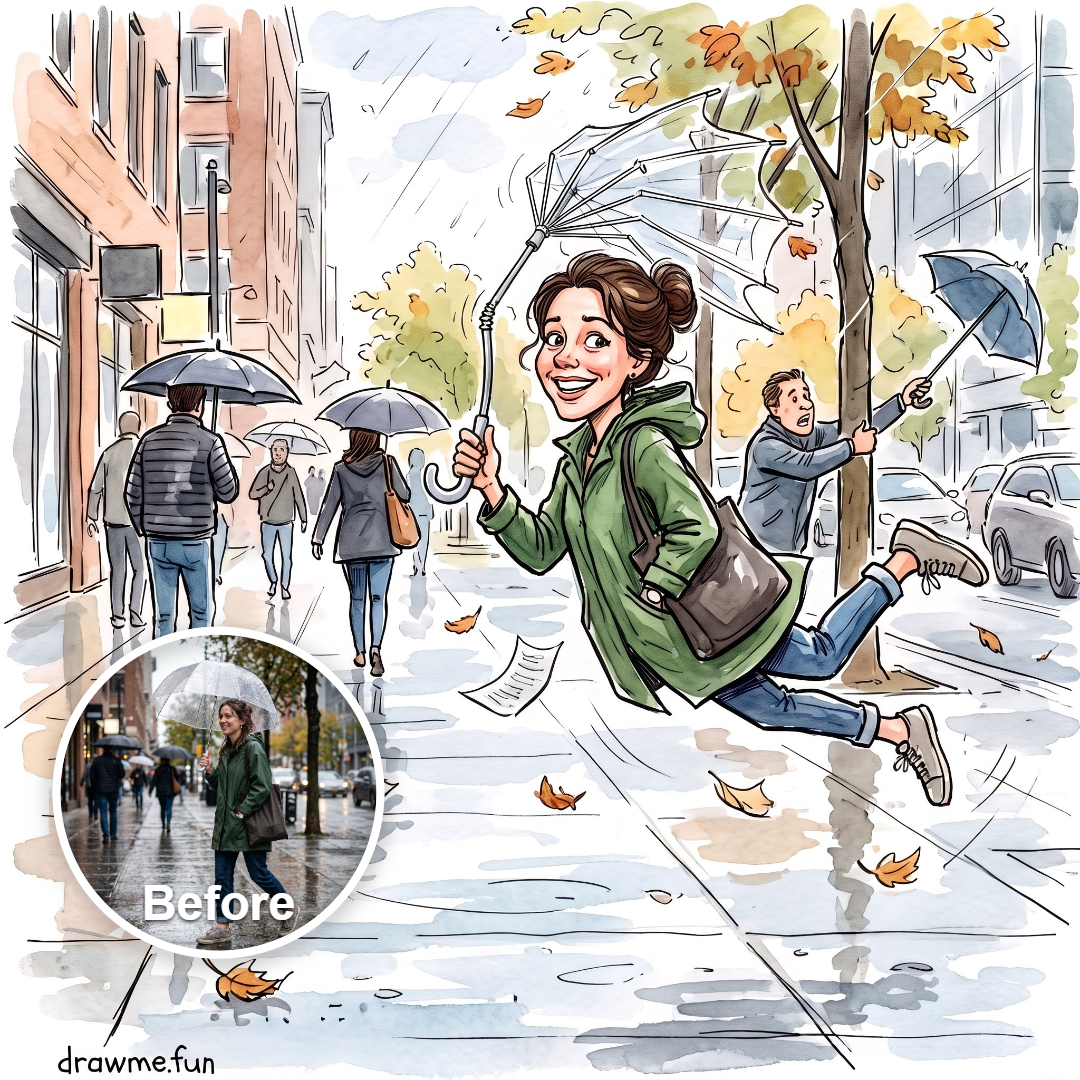 Windy umbrella caricature
